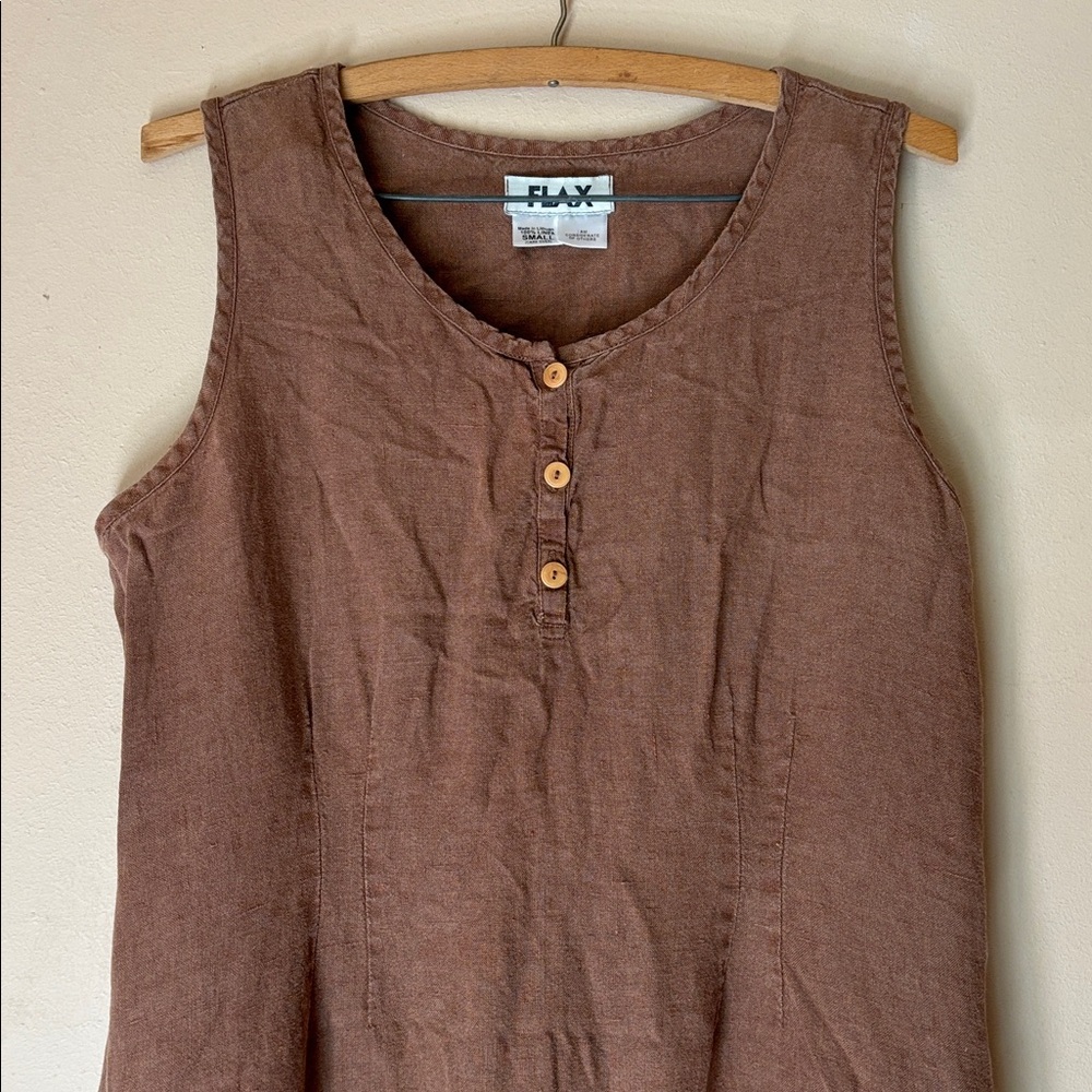 FLAX Brown Linen Button Front Dress, M - Picture 2 of 7